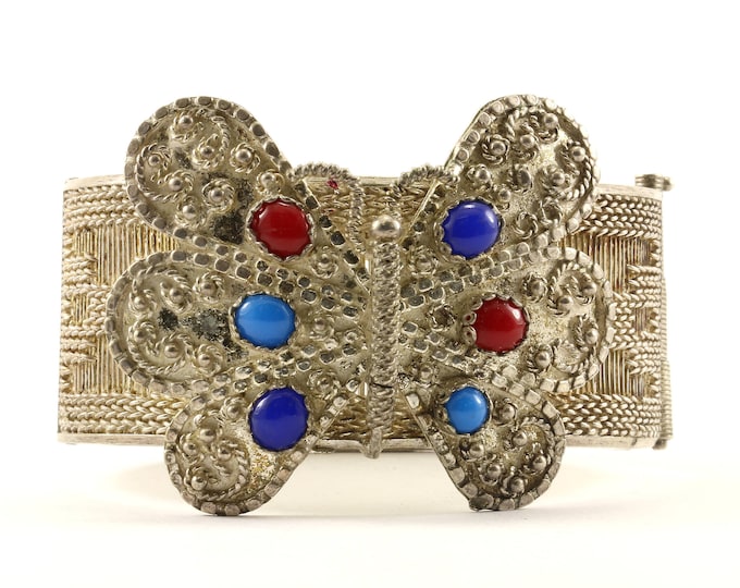Vintage Large Wide Butterfly Multi Color Gemstone Bangle Bracelet Sterling Silver BR 2283