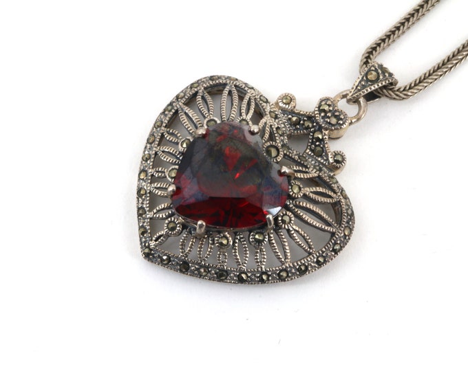 Vintage Red CZ Heart &  Marcasites Pendant 925 Sterling Silver PD 2943