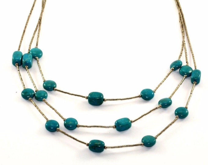 Vintage Three Rows Turquoise Beads Beaded Necklace 925 Sterling Nc 504