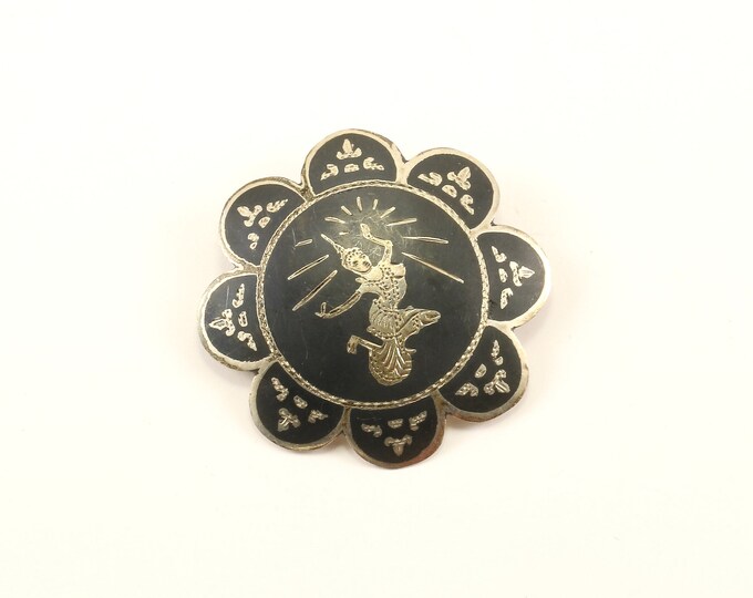 Vintage Siam Niello Dancer Flower Design Pin/Brooch 925 Sterling Silver BB 1352