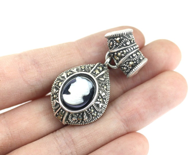 Vintage Heavy  Black Onyx Floral Marcasite Cameo Design Pendant 925 Sterling  PD 2286