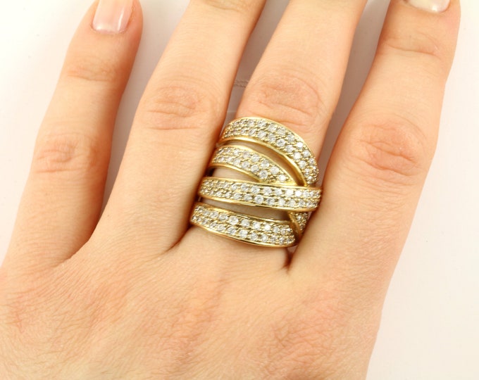 Vintage Size 6.75 Large Crystal Cigar Braided 14K Gold Tone Cocktail Ring  Sterling 925 Silver RG 2833