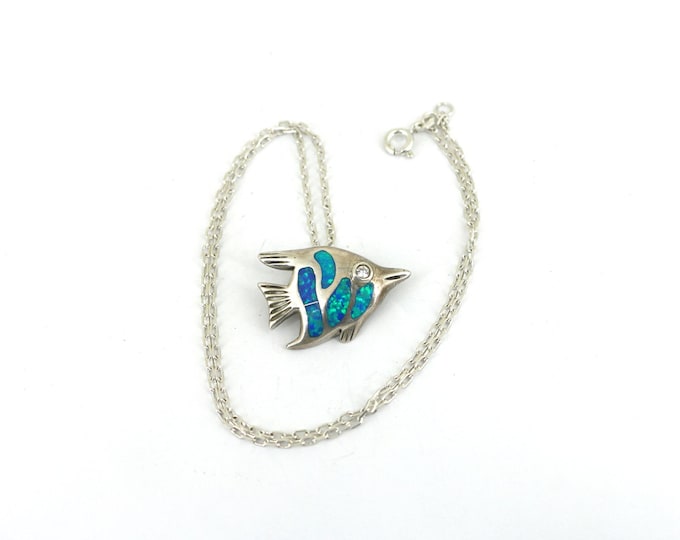 Vintage Blue Opal Inlay Fish Tropical Pendant Necklace 925 Sterling 1116