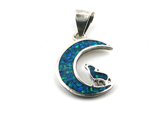 Vintage Wolf Howling On the Moon Inlay Spider Web Blue Opal Stone Taxco Design Pendant 925 Sterling PD 2238U