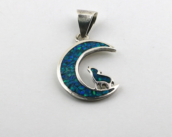 Vintage Wolf Howling On the Moon Inlay Spider Web Blue Opal Stone Taxco Design Pendant 925 Sterling PD 2238U