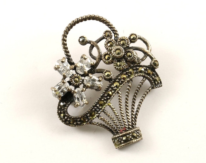 Vintage Flower Basket Marcasite Design Pin/Brooch 925 Sterling BB 1734
