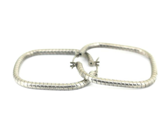 Vintage Italy Hammered Semicircle Square Hollow Design Hoop Earrings Sterling 925 ER 1714