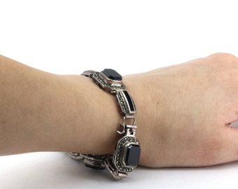 Vintage 6.5 Onyx Shiny Link Bracelet Sterling Silver BR 2820