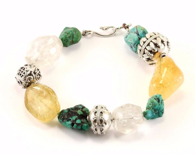 Vintage Turquoise Quartz Citrine Natural Stones Design Bracelet 925 Sterling Silver Br 3042