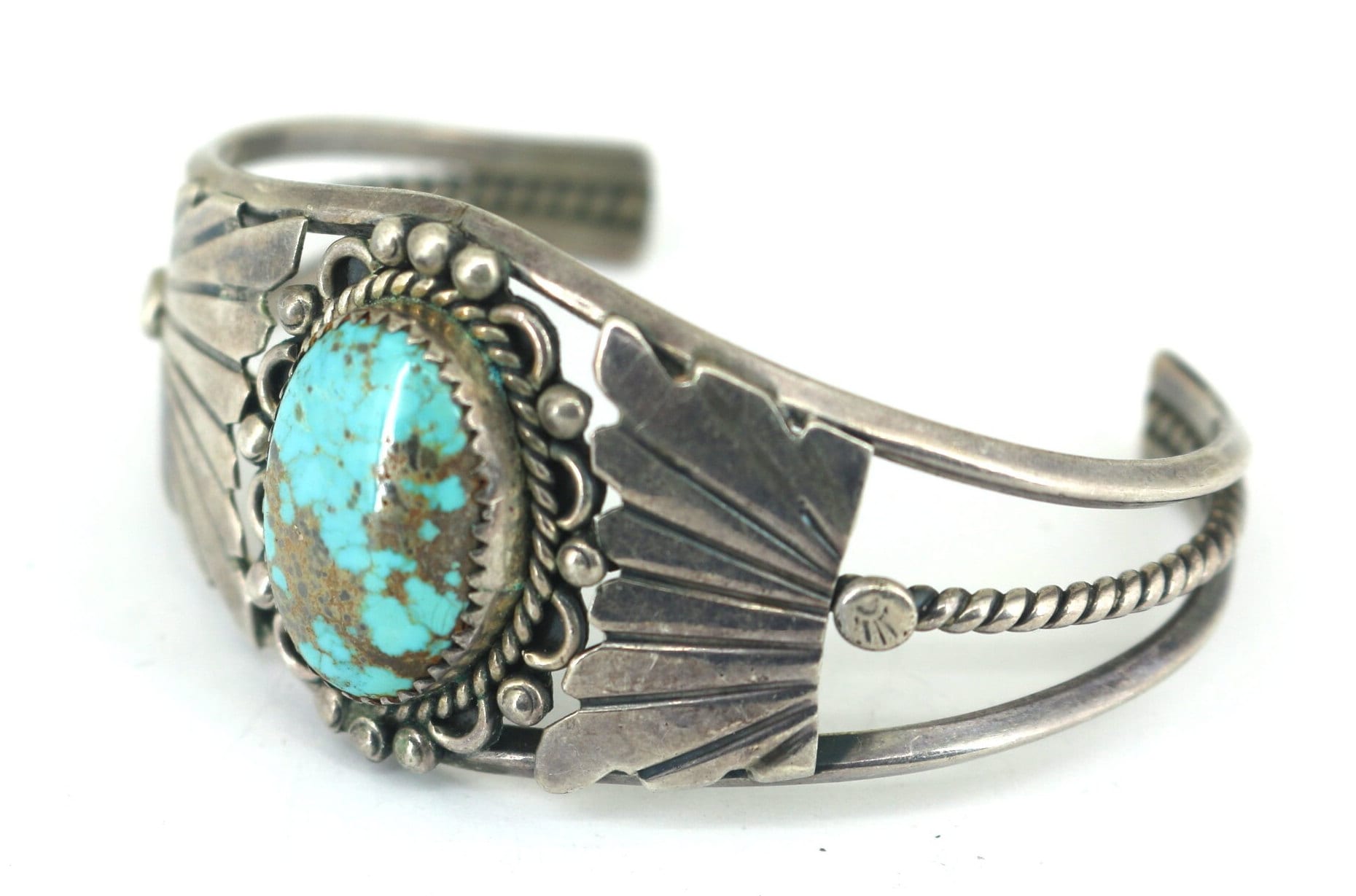Vintage Navajo Turquoise Stone Signed MP Design Cuff Bracelet 925