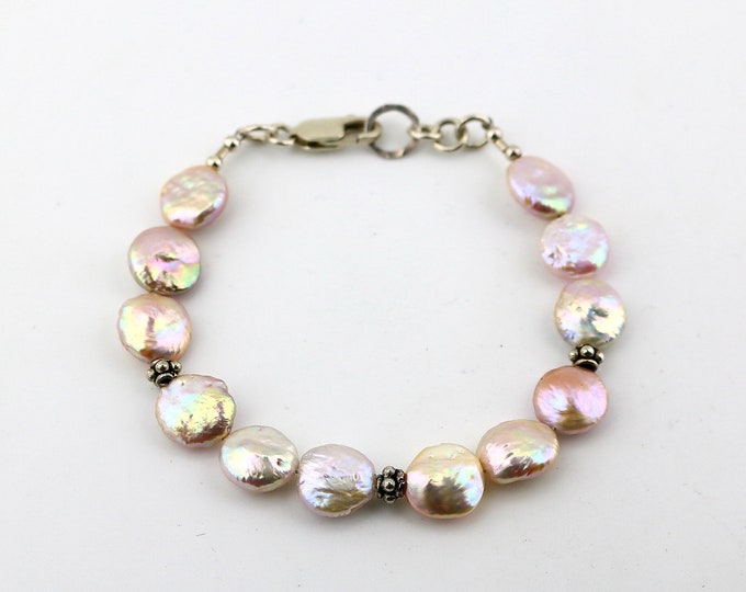 Vintage Beads Beaded Round Flat Pink Pearls Design Link Chain Bracelet 925 Sterling Silver BR 3824