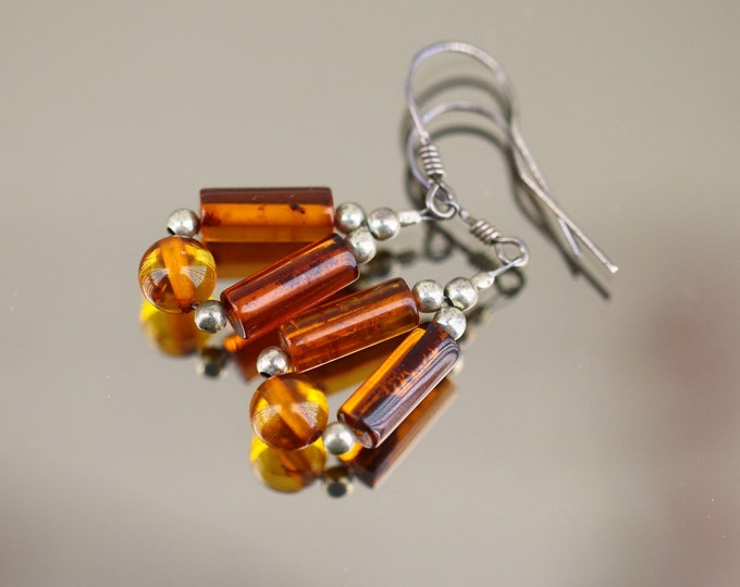 Vintage Beautiful Beaded Cylinder Natural Amber Design Drop Dangle Earrings Sterling 925 ER 1535