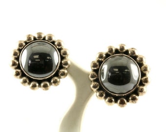 Vintage Mexico Flower Hematite Beads Stone Studs Earrings Sterling Silver ER 1327