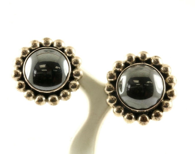 Vintage Mexico Flower Hematite Beads Stone Studs Earrings Sterling Silver ER 1327