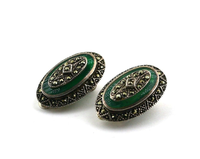 Vintage Shiny Oval Marcasite Stones Green Stone Art Deco Design Clip On Earrings Sterling 925 ER 529U