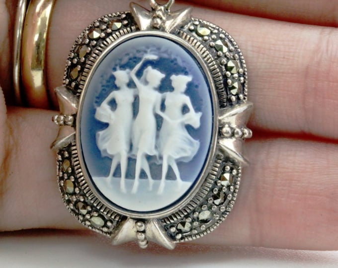 Vintage Sterling Cameo Necklace Blue Pendant 925 Silver NC 2167