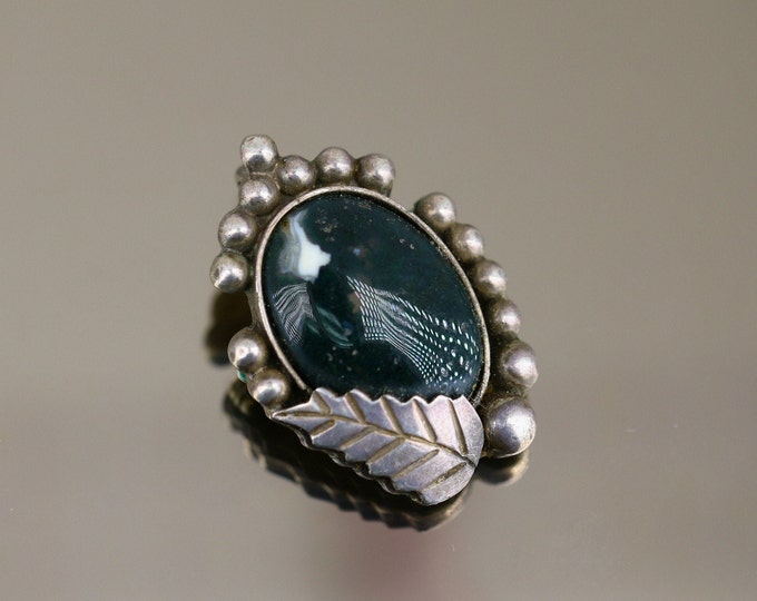 Vintage Moss Agate Stone Leaf  Brooch Sterling 925 BB 751