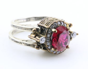 Size 6 Antique Reversible Turkish Ring Simulated Ruby Diamond Ring 925 Sterling Silver Size 6 RG 1475