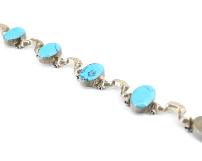 Vintage Mexico Oval Links Blue Turquoise Chip Stone Design Link Bracelet 925 Sterling BR 1736