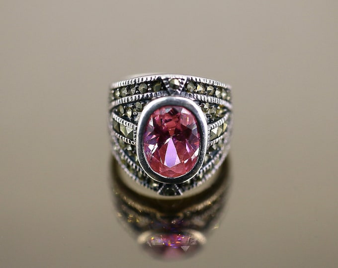 Vintage Size 6.75 Oval Pink Crystal CZ Marcasite Stones School Ring 925 Sterling Silver RG 1874