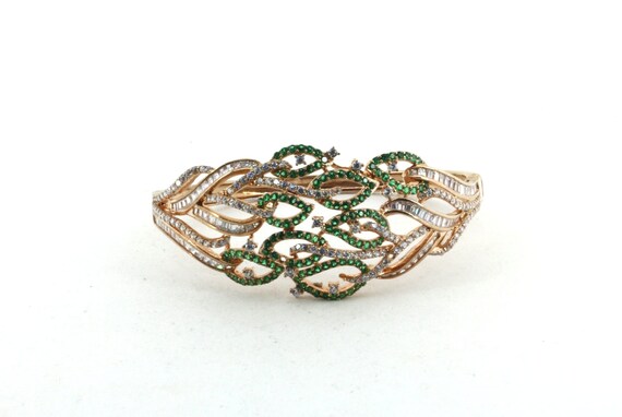 Vintage Oval Green White Crystals CZ Gold Plated … - image 1