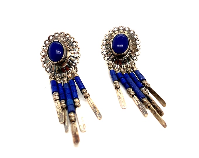 Vintage Earrings | Lapis Lazuli Stones Design Earrings | Floral Design Earrings | Sterling 925 Silver Earrings | ER 1674N