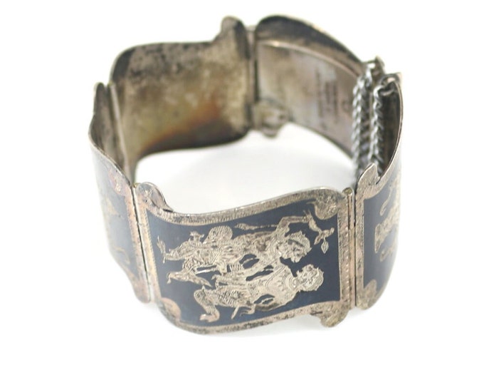 Vintage Siam Nielloware Goddess Graduated Wide Design Link Bracelet 925 Sterling BR 2424