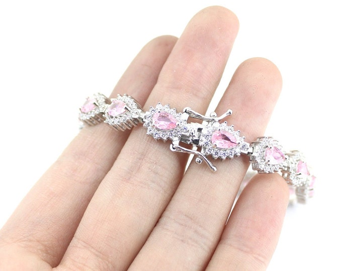 Vintage Beautiful Marquise Pink & White  Crystals CZ  Design Link Tennis Bracelet 925 Sterling BR 624