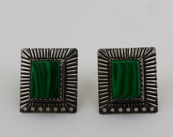 Vintage Q. T. Quoc Turquoise Inc. Albuquerque Rectangle Green Malachite Stones Stud Earrings 925 Sterling ER 190U
