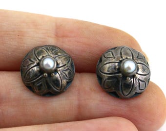 Vintage Lori Bonn Sterling Silver Floral Pearl Stud Earrings ER 1144U