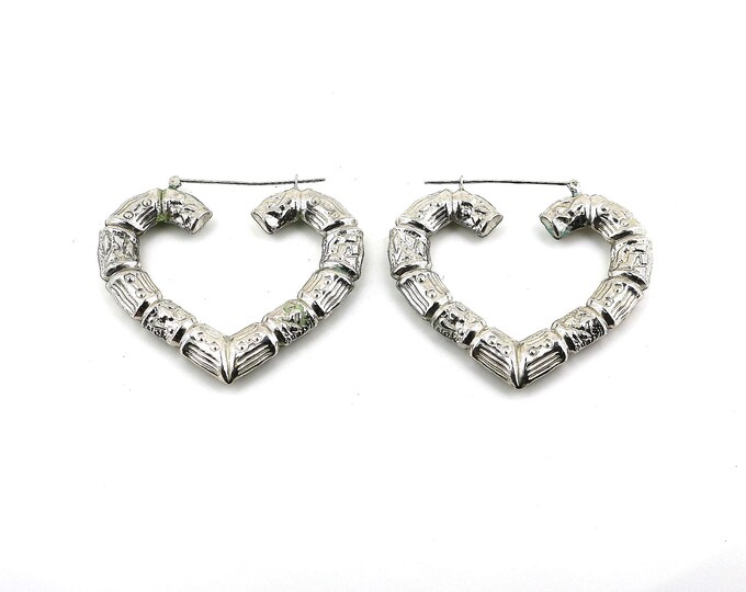 Vintage Large Hearts Ribbed Christmas Style Design Hoop Earrings Sterling 925 ER 862