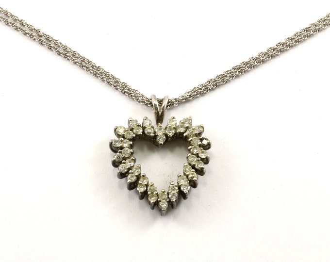 Vintage Heart Shape CZ Pendant Double Chain Necklace 925 Sterling Silver NC 645-E