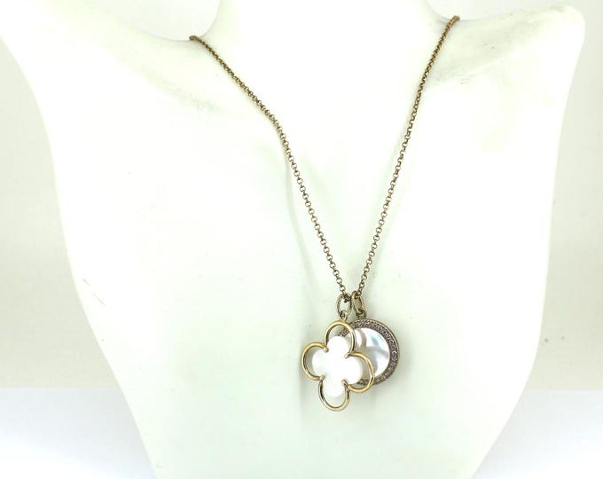 Vintage Clover & Circle  Good Luck MOP Mother Of Pearl Pendant Gold Plated Long Rolo Chain Design Necklace 925 Sterling Silver NC 1668