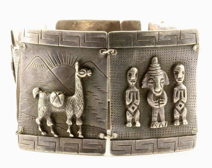 Vintage Large Peru Peruvian Design Link Bracelet 925 Sterling Br 587-e