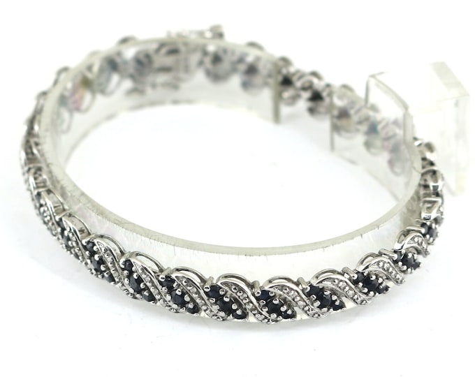 Vintage Sparkling Rectangle Genuine Sapphire Tennis Chain Bracelet 925 Sterling Silver BR 1865