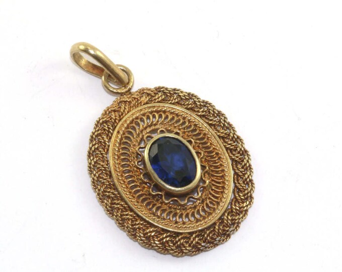 Vintage Wooden Braided Sapphire Color Crystal Gold Tone Pendant 925 Sterling Silver PD 862