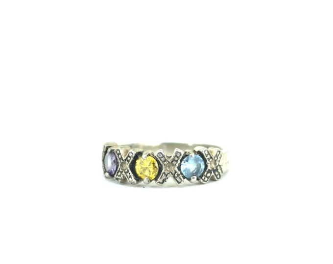 Vintage Three Color Crystals Xo Design Ring 925 Sterling Silver Rg 4156