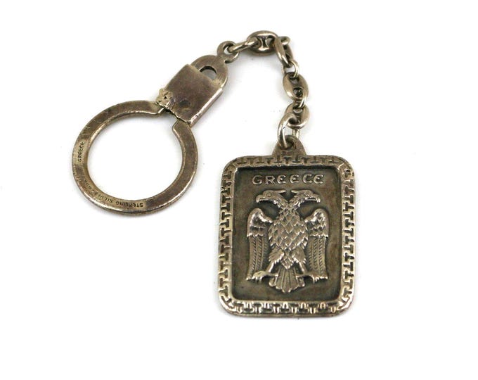 Vintage Greece Two Headed Eagle Bird Flag Design Keychain Key Ring 925 Sterling Ot 375E