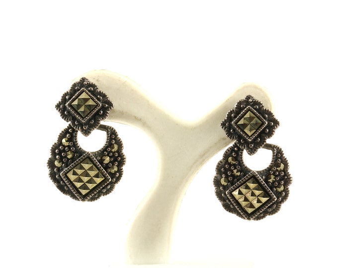 Vintage Rhombus Geometric Design Marcasite Drop/Dangle Earrings 925 Sterling Silver ER 1207
