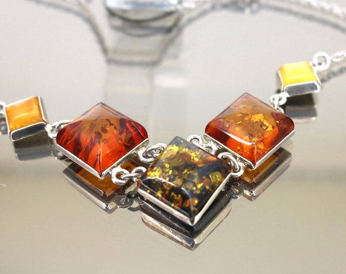 Vintage Beautiful Natural Bright Orange Square Amber Necklace 925 Sterling NC 1054