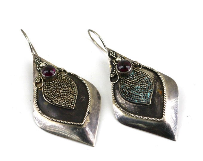 Vintage Sterling Silver Dangle Earrings with Garnet and Turquoise ER 1439