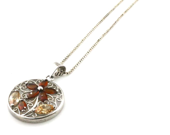 Vintage  Round Flower Floral Shape Brown Crystals CZ Pendant Design Necklace 925 Sterling Silver NC 1787