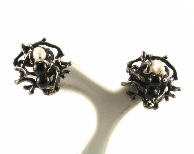 Vintage Round Branch Design Black Onyx White Pearl Beads Stud Earrings 925 Sterling Er 1013