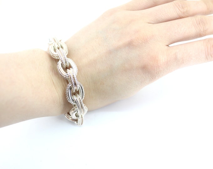Vintage Italian Two Toned  Charm Rolo Chain Bracelet Sterling Silver BR 3606