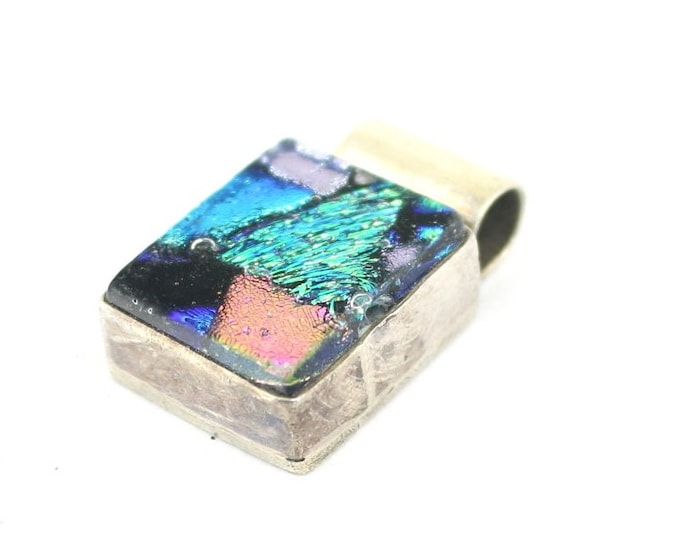 Vintage Dichroic Glass Square Purple Blue Green Copper Design Pendant 925 Sterling Silver PD 2289