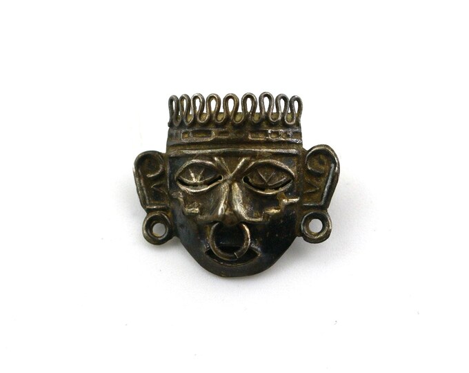 Vintage Mexico Tarnished Hollow Mask Face Thin Tribal Design Brooch Sterling Silver 925 BB 1493R