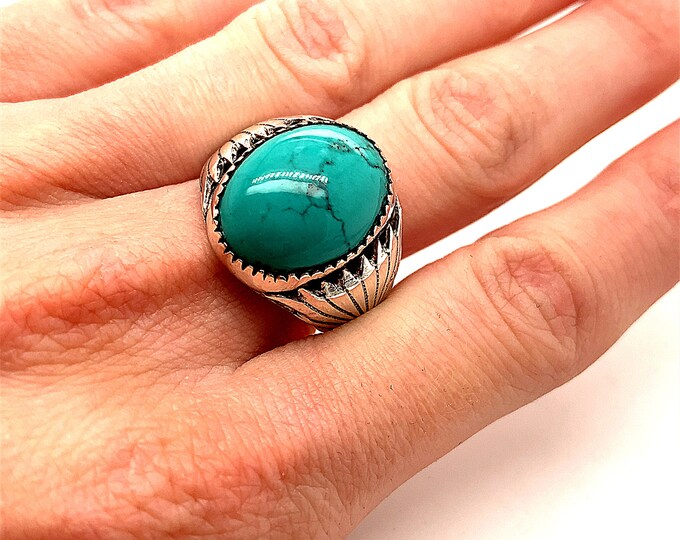 Vintage 10.75 Robert Biacenti Ring | Blue Turquoise Stone Design Ring | Cut Design Ring | Sterling 925 Silver Ring RG 1015E