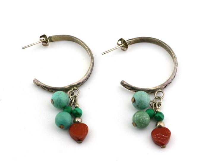 Vintage Navajo Green Turquoise Malachite Coral Geometric Multi Stone Beads Etched Ethnic Design Stud Earrings Sterling Silver 925 ER 946S