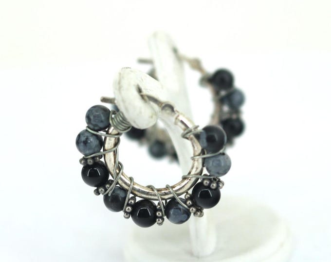 Vintage Black & Grey Obsidian Wrapped Hoop Earrings Sterling Silver 925 ER 422