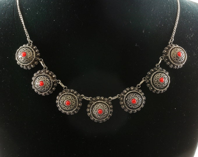 Vintage  Red Coral Cocktail Necklace 925 Sterling Silver NC 661